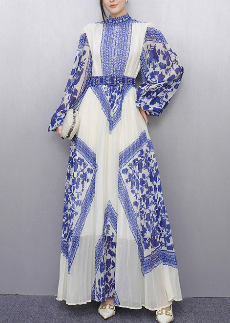 Women's Blue Print Silk Pleated Boho Dress Lightweight - OutfitLondon