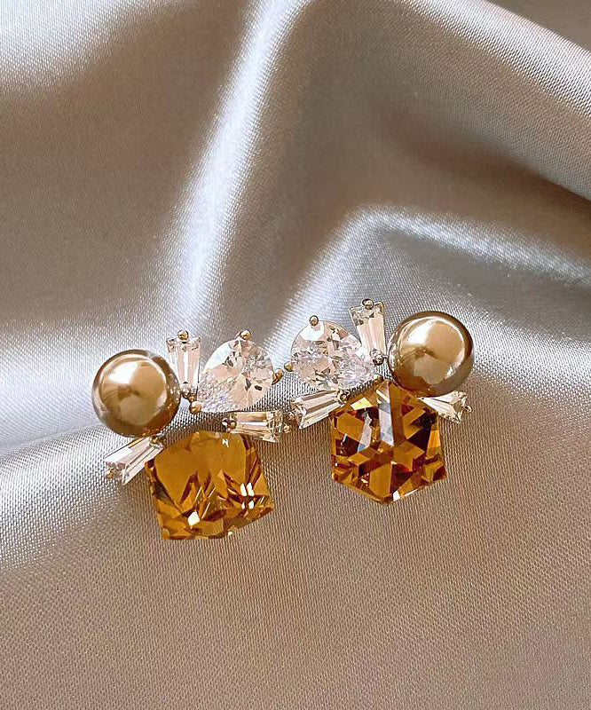 Brown Crystal Bead Stud Earrings Boho Style 2cm - OutfitLondon