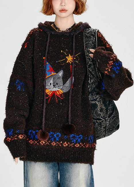 Boho Embroidered Hoodie Cat Design Cozy Knit - OutfitLondon