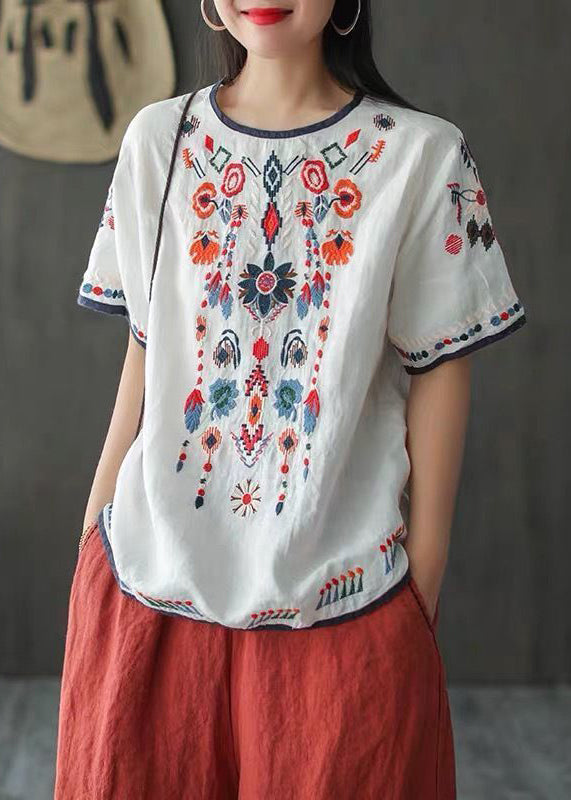 Women's Embroidered Cotton Linen Tee Breathable Relaxed Fit - OutfitLondon