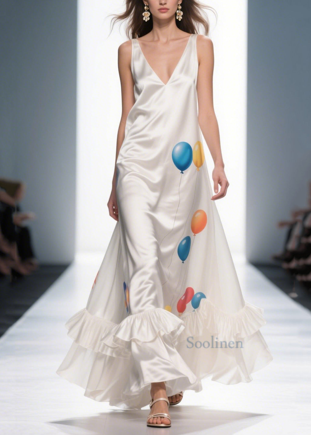 Women's Silk Maxi Dress Milk White Balloon Print Ruffle Hem - OutfitLondon