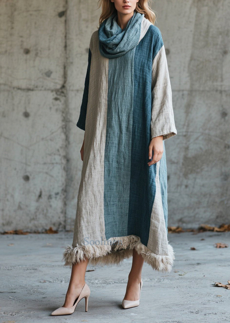 Women's Oversized Faux Fur Maxi Dress Patchwork Bohemian Brown - OutfitLondon
