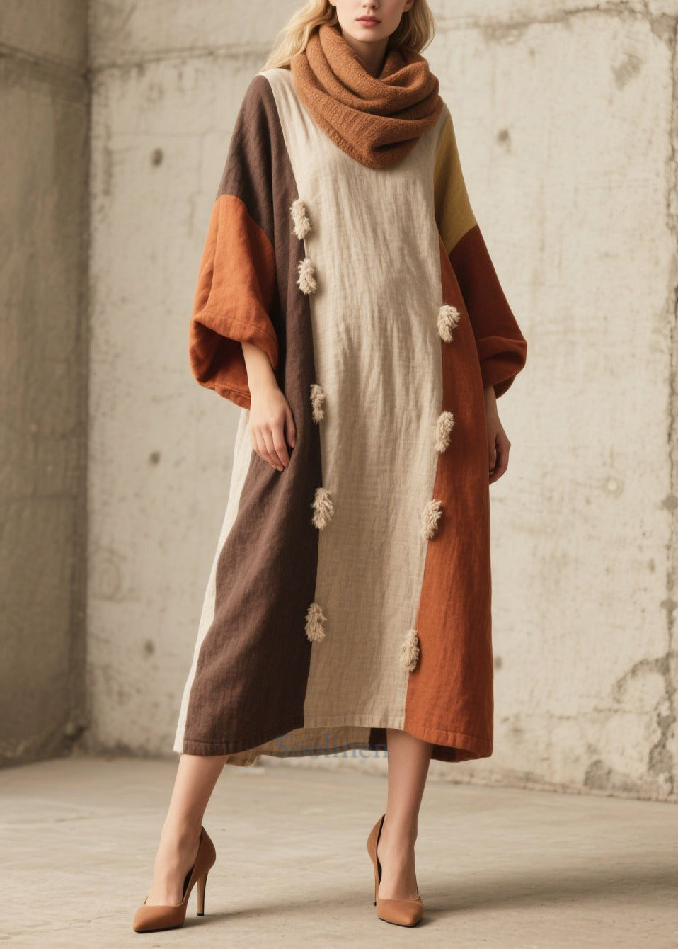Women's Boho Patchwork Oversized Dress Plush Pom Pom Lantern Sleeves - OutfitLondon