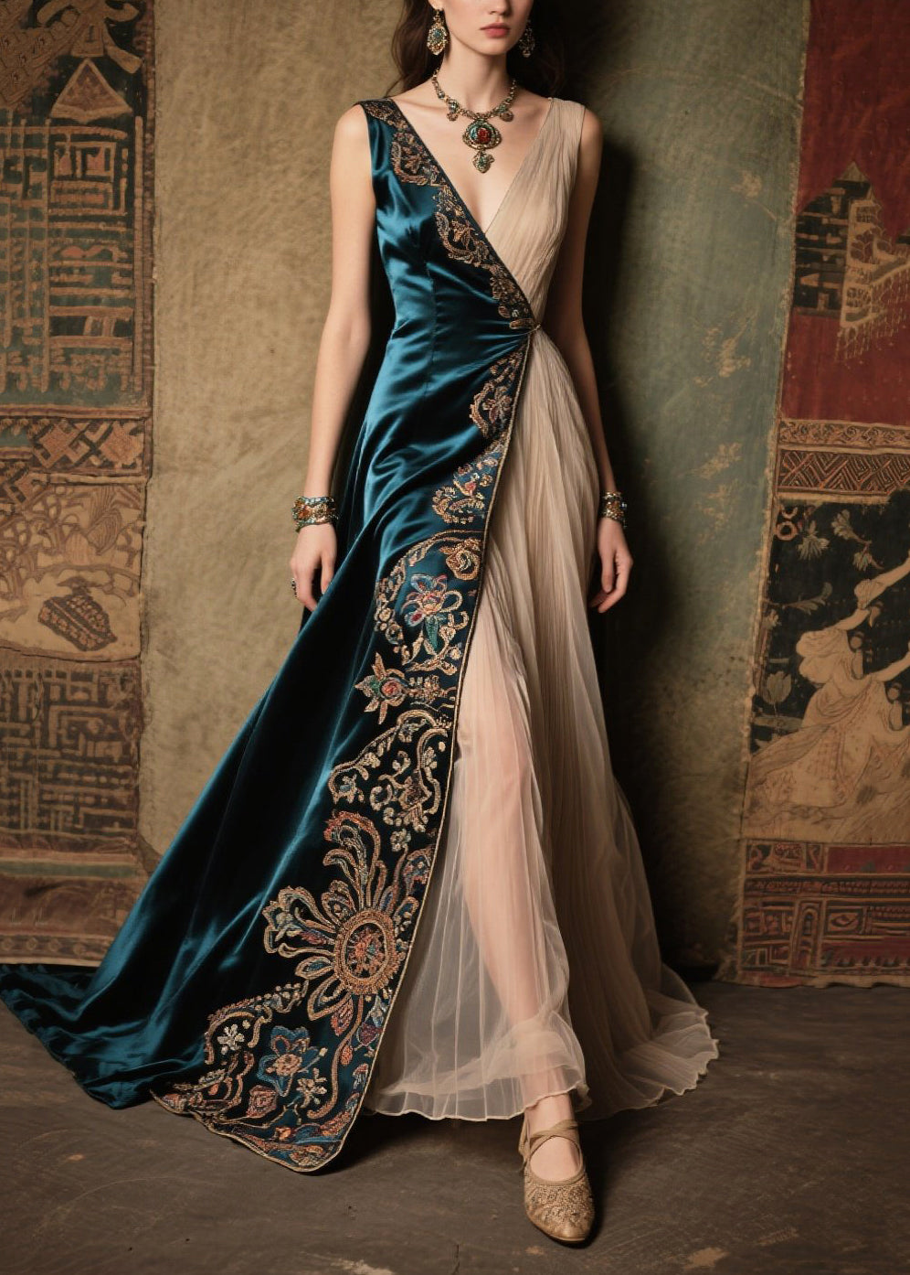 Women's Silk Patchwork Dress Peacock Blue - OutfitLondon