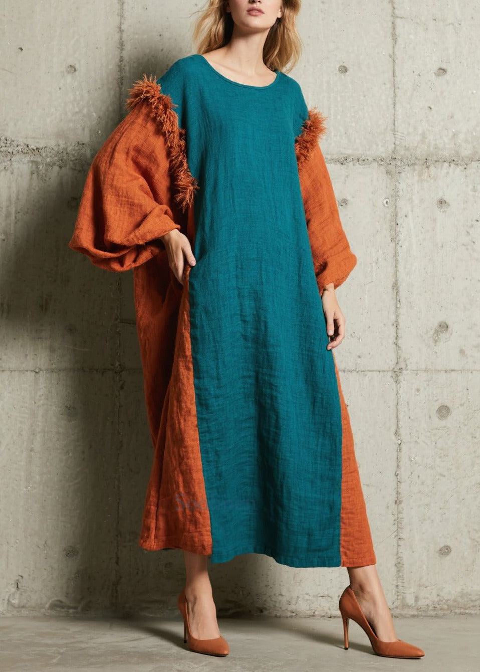 Women's Faux Fur Patchwork Dress Peacock Blue Oversized - OutfitLondon