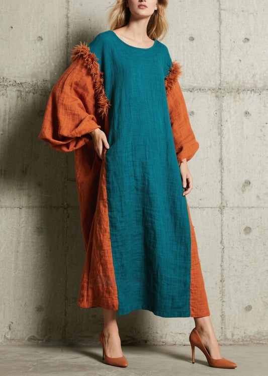Women's Faux Fur Patchwork Dress Peacock Blue Oversized - OutfitLondon
