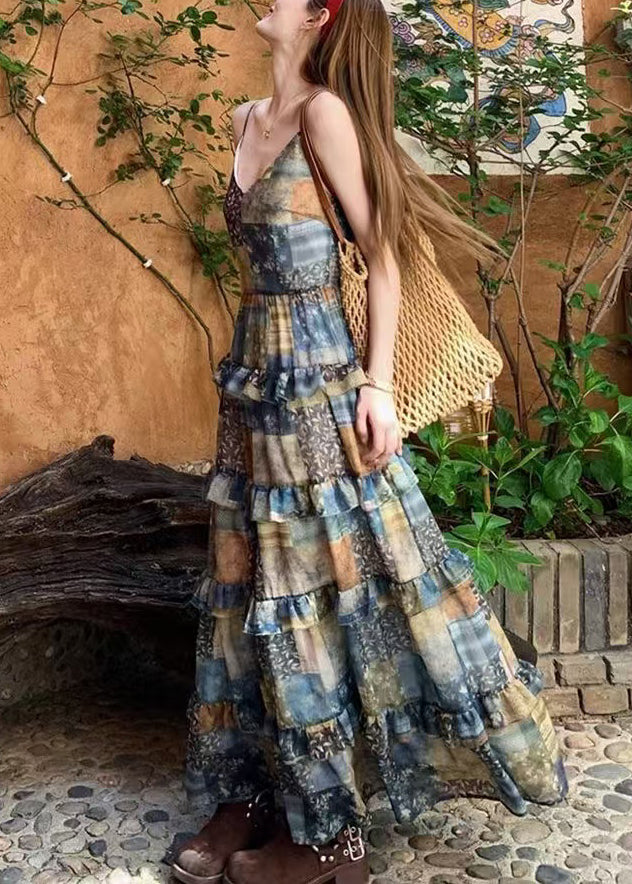 Women's Cotton Plaid Dress Spaghetti Strap Breathable - OutfitLondon