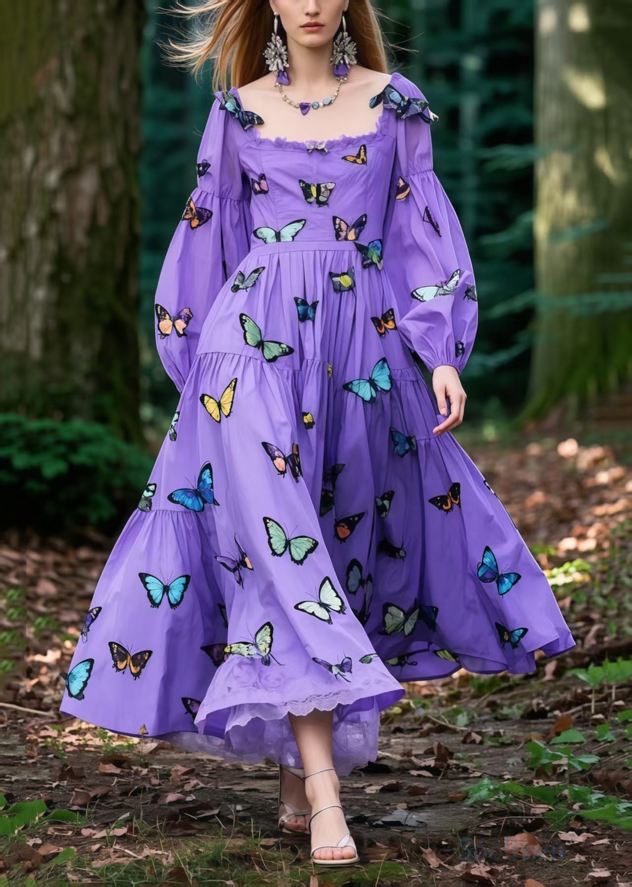 Women's Cotton Maxi Dress Butterfly Print Violet - OutfitLondon