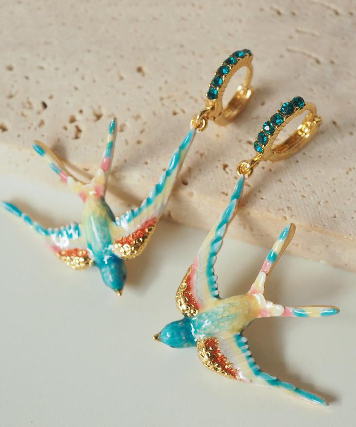 Copper Earrings Enamel Swallow Gemstone Lightweight Boho Chic - OutfitLondon
