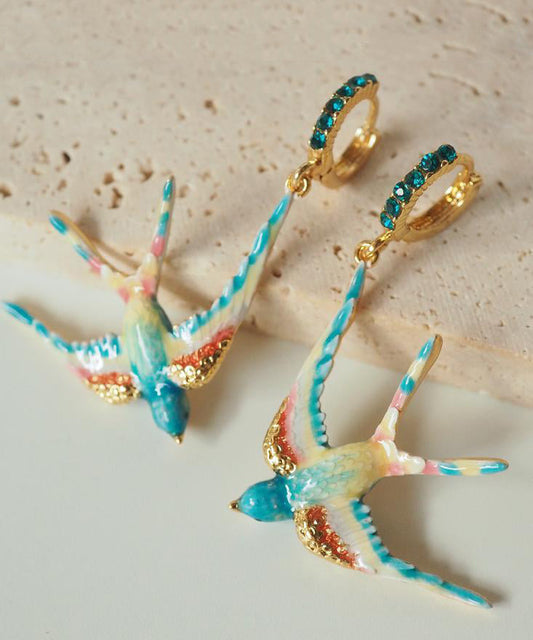 Copper Earrings Enamel Swallow Gemstone Lightweight Boho Chic - OutfitLondon