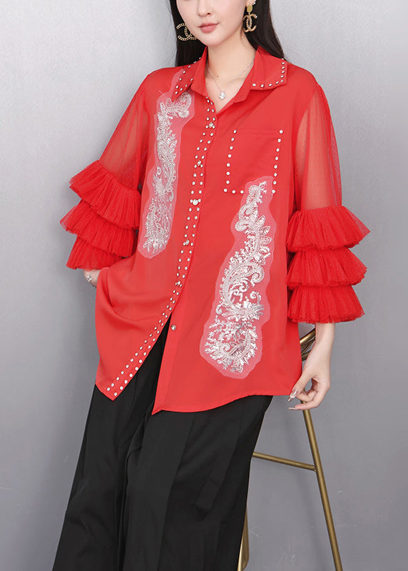 Women's Silk Blouse Embroidered Red Flared Sleeves - OutfitLondon