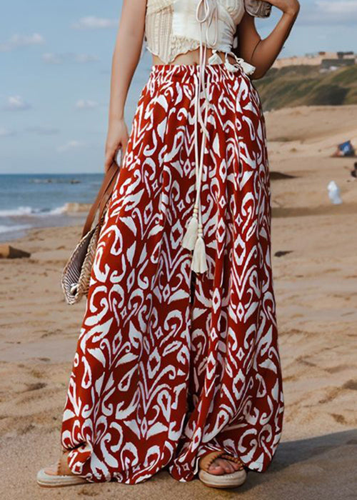Women's Silk Pants Elastic Waist Red Boho Print - OutfitLondon