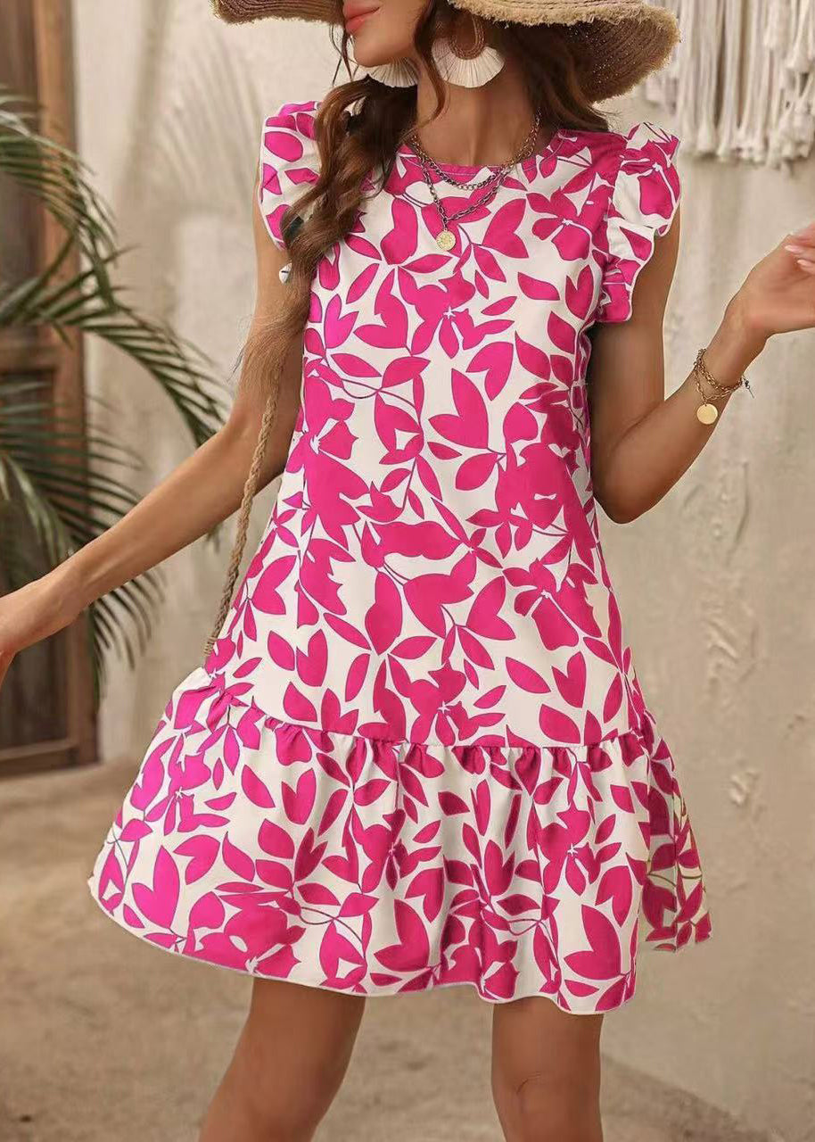 Women's Cotton Boho Midi Dress Pink Floral Round Neck Flutter Sleeves - OutfitLondon