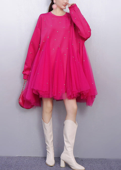 Women's Boho Tulle Dress Rose Pink Oversized - OutfitLondon