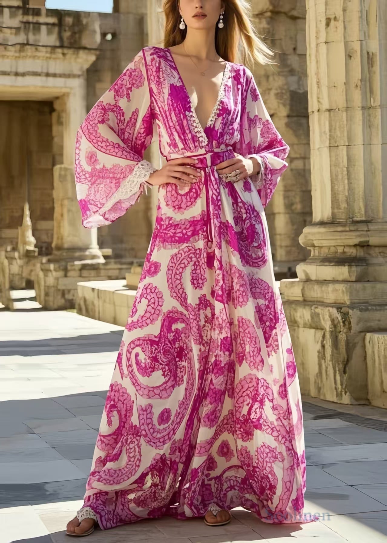 Women's Boho Chiffon Vacation Dress Silk Rose Print - OutfitLondon