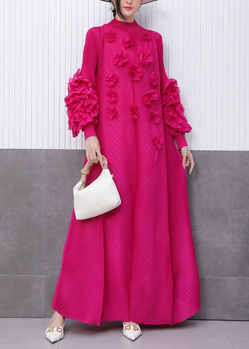 Women's Silk Chiffon Maxi Dress Rose Details Stand Collar - OutfitLondon
