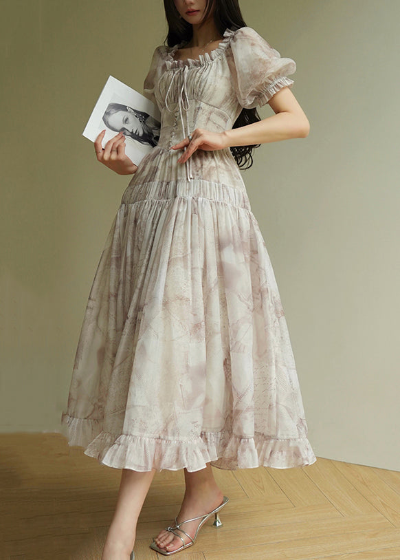Women's Bohemian Maxi Dress Silk Blend Ruffle Lace Up Print - OutfitLondon