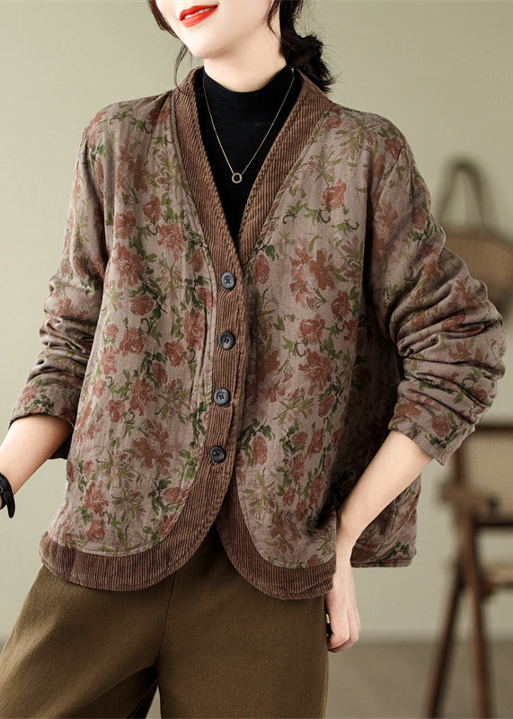 Women's Cotton Cardigan Floral V Neck Beige - OutfitLondon