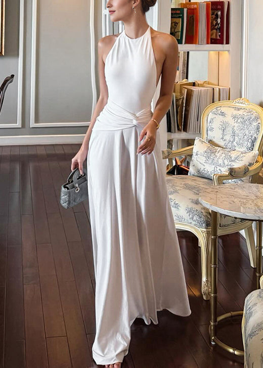 Women's Backless Maxi Dress White Cotton Adjustable Fit - OutfitLondon