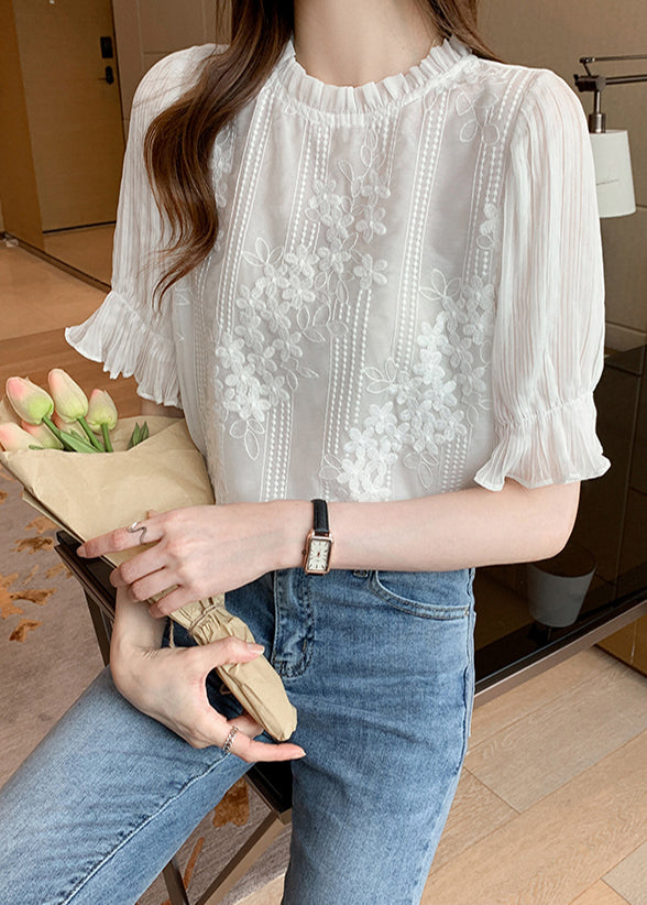 Women's Embroidered Blouse Silk Chiffon Lightweight Floral - OutfitLondon