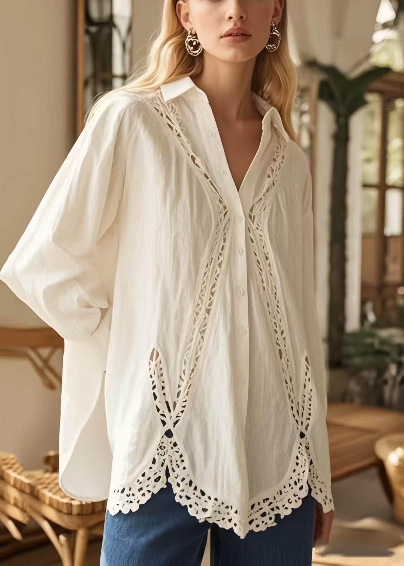 Women's Oversized Cotton Blend Shirt White Patchwork Boho Style - OutfitLondon