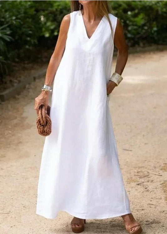Women's White Cotton Linen Trapeze Dress Sleeveless V Neck - OutfitLondon