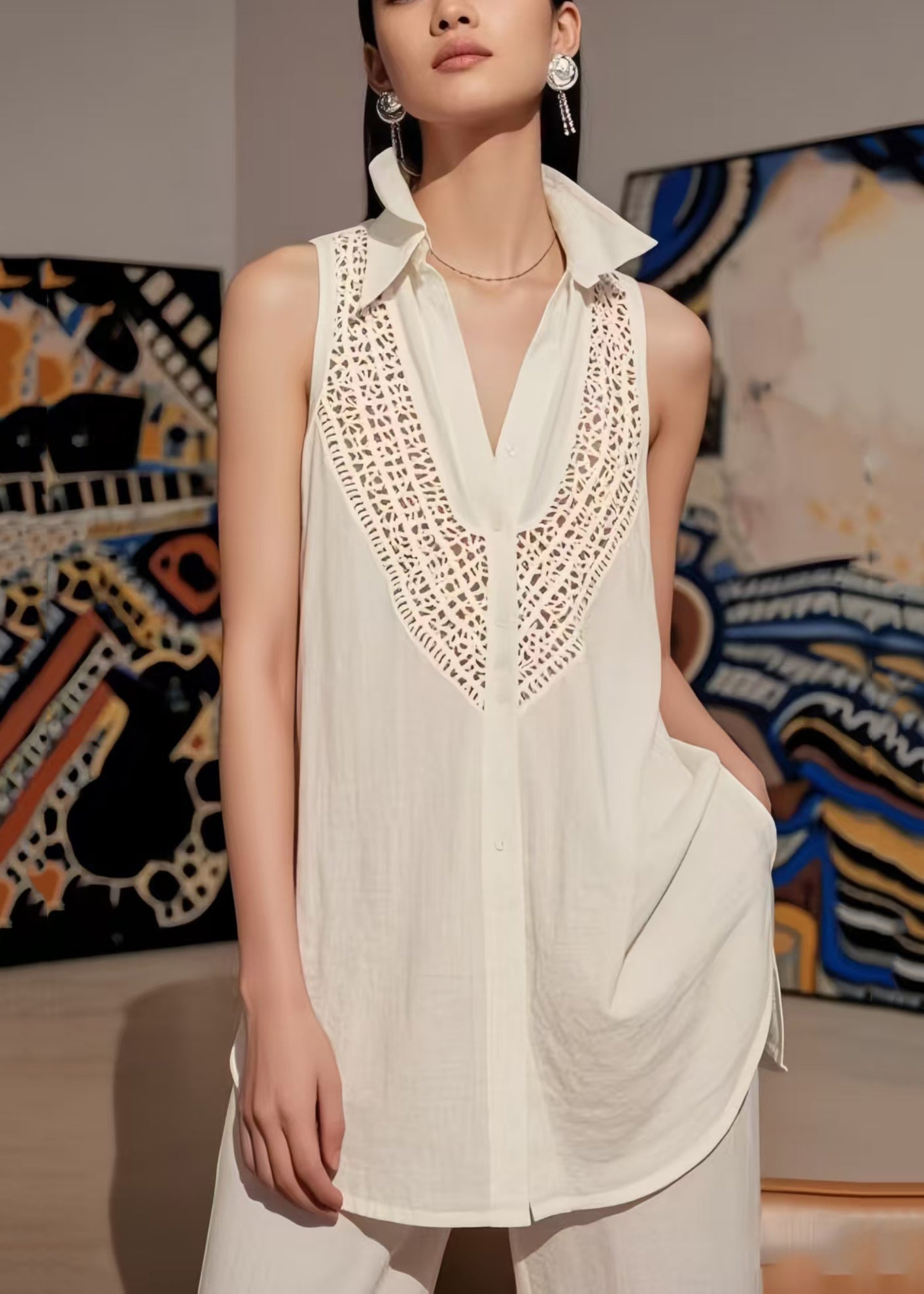 Women's Cotton Lace Blouse Sleeveless V Neck White - OutfitLondon