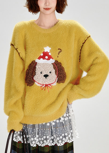 Women's Embroidered Knit Sweater Warm Yellow - OutfitLondon