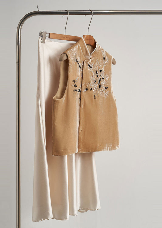 Women's Velvet Vest Silk Pearl Embroidery Yellow - OutfitLondon