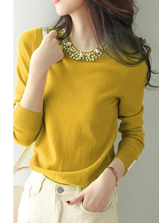 Women's Yellow Knit Pearl Beads Lightweight - OutfitLondon