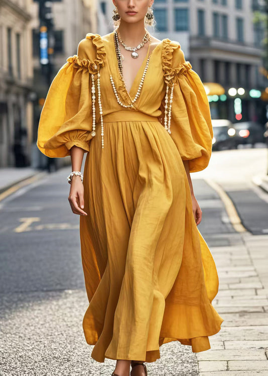 Women's Yellow Cotton Bohemian Dress Ruffles Puff Sleeves - OutfitLondon