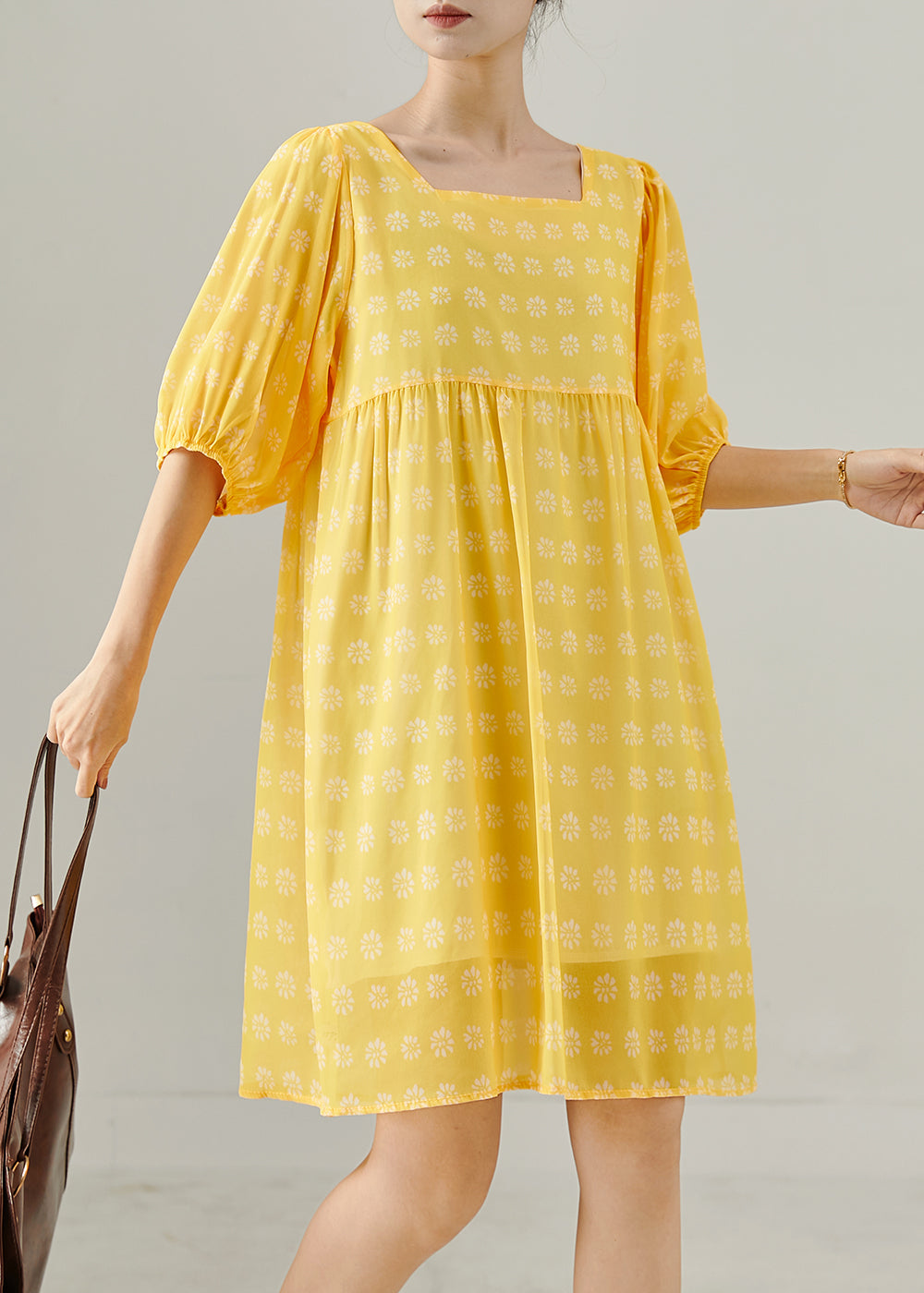Women's Yellow Cotton Print Square Neck Dress Lightweight Summer - OutfitLondon