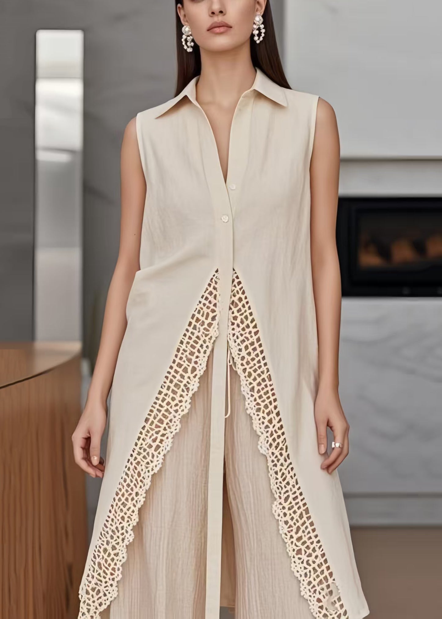 Women's Boho Lace Vest Apricot Cotton Blend - OutfitLondon