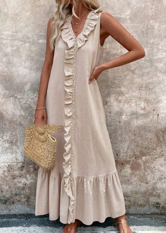 Women's Boho Maxi Dress Apricot V Neck Ruffles - OutfitLondon