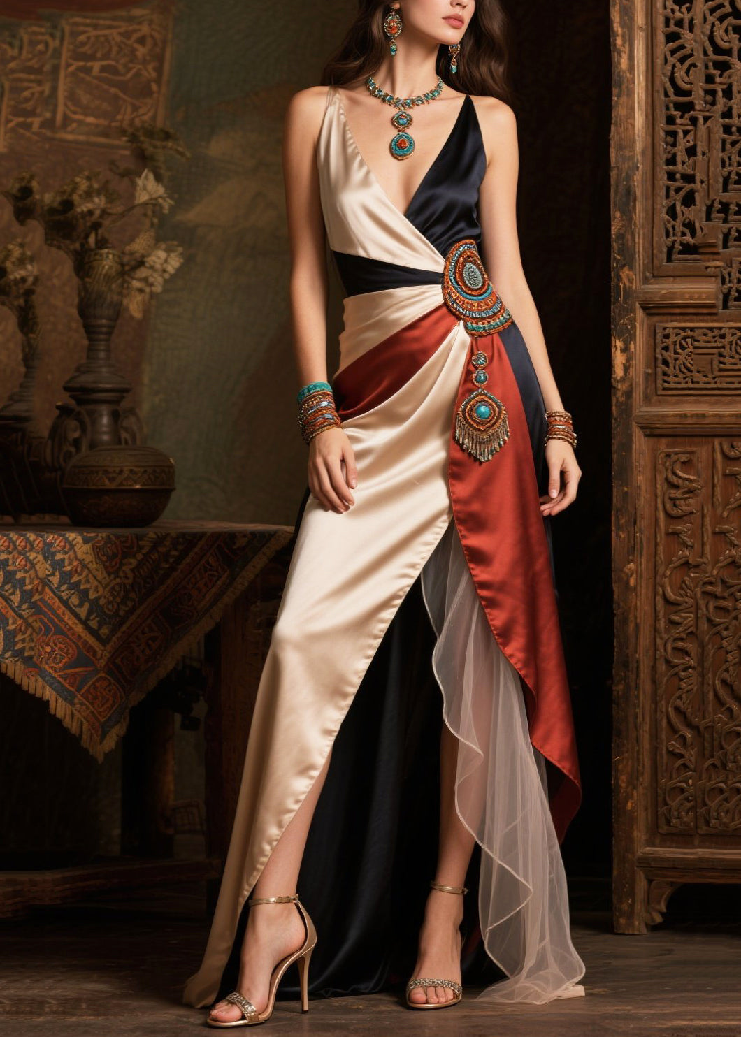 Women's Asymmetric Evening Dress Silk Blend Patchwork Side Slit - OutfitLondon