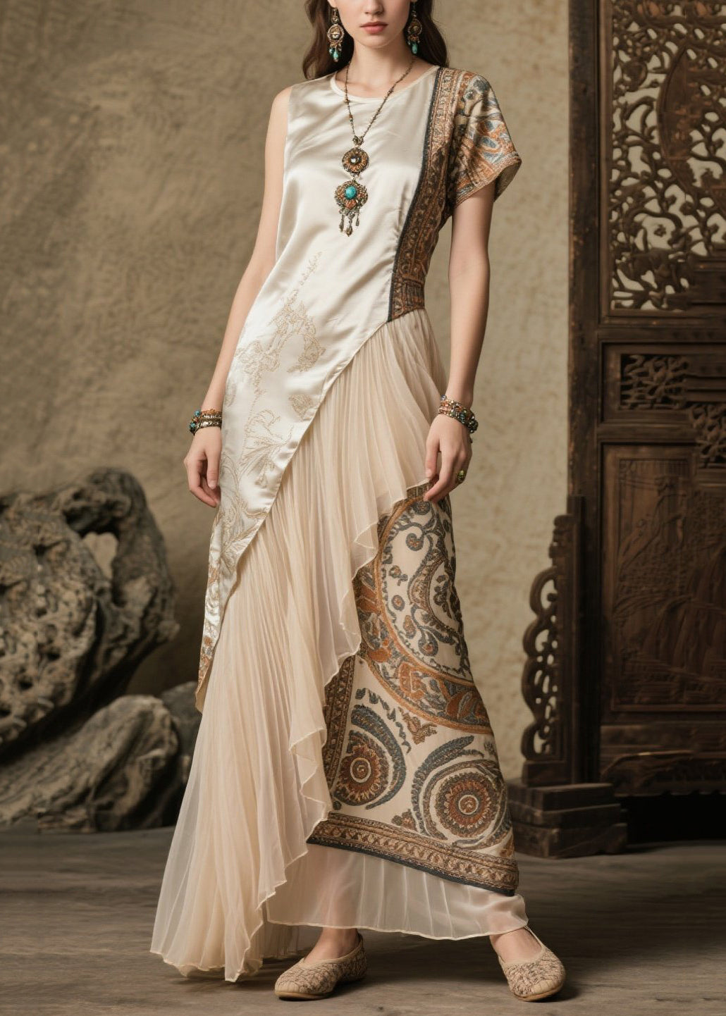 Women's Asymmetric Maxi Dress Silk Blend Boho Style - OutfitLondon