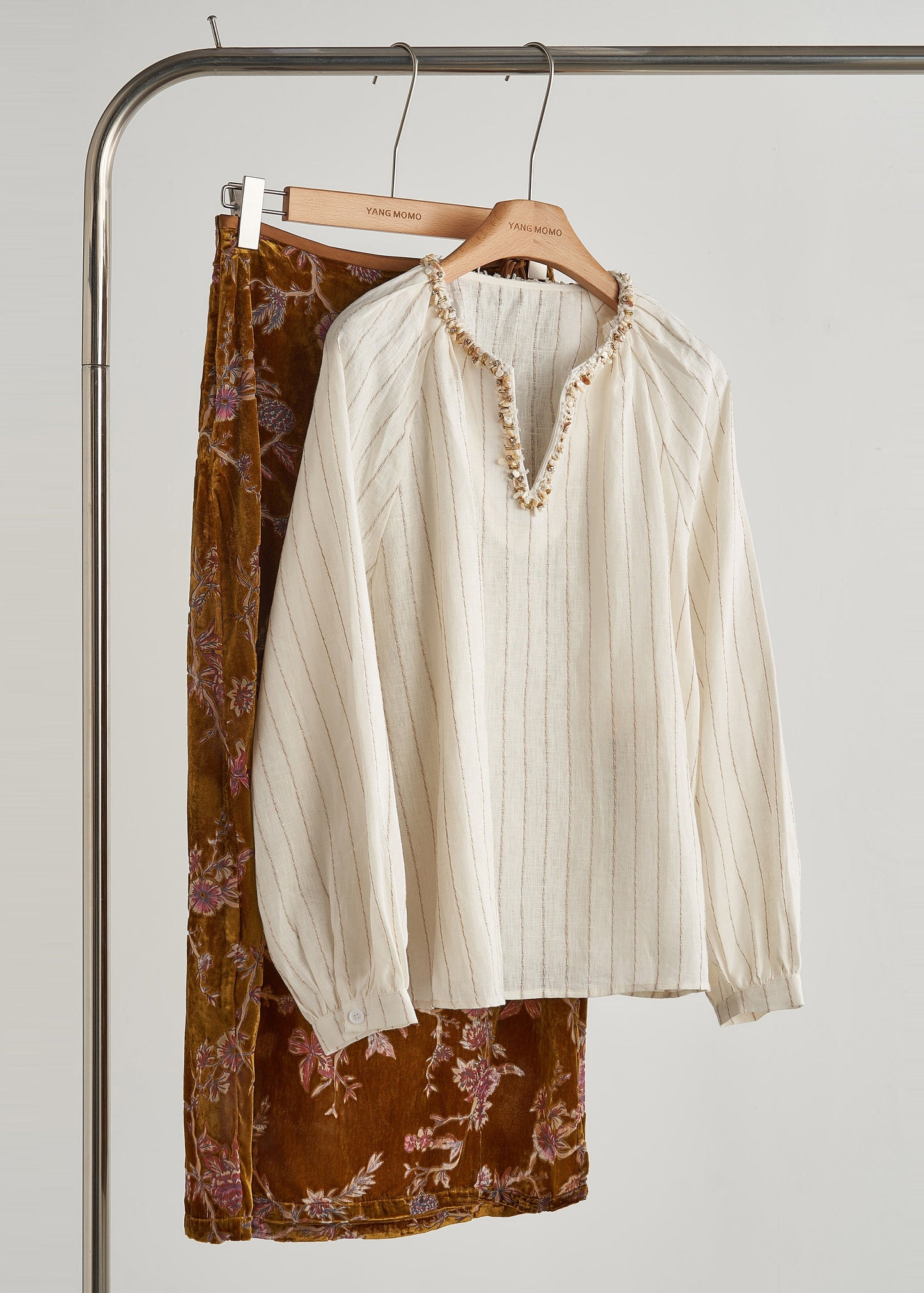 Women's Striped V Neck Two Piece Cotton Blend Beige Set - OutfitLondon