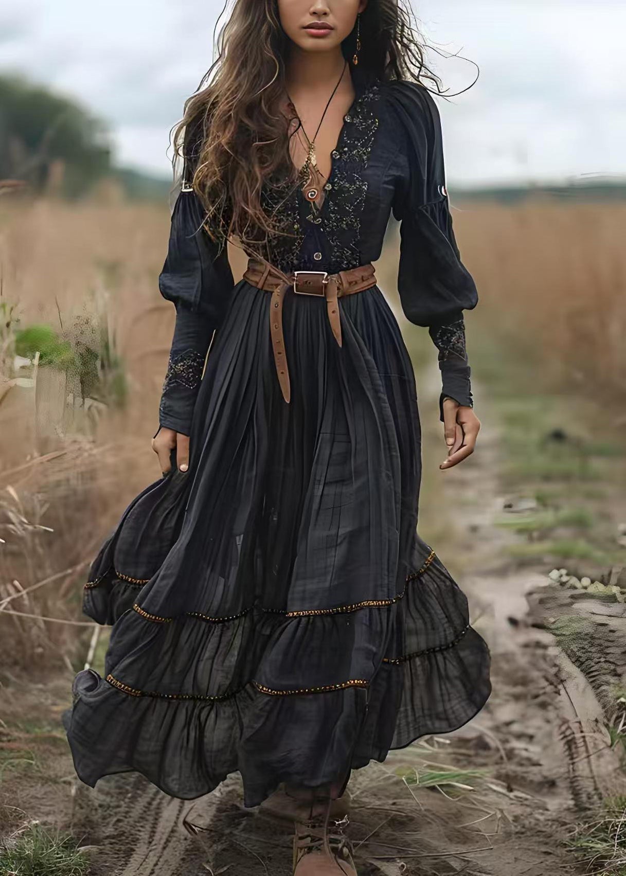 Women's Boho Cotton Dress Black V-Neck Breathable - OutfitLondon