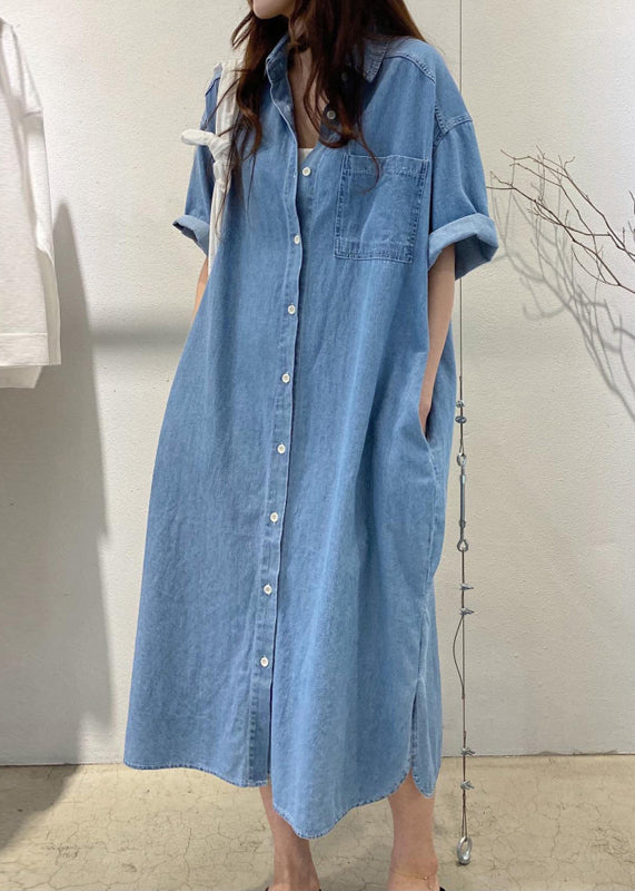 Women's Oversized Blue Denim Boho Summer Dress Lightweight - OutfitLondon