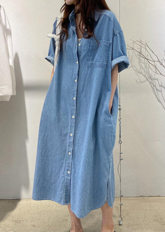 Women's Oversized Blue Denim Boho Summer Dress Lightweight - OutfitLondon