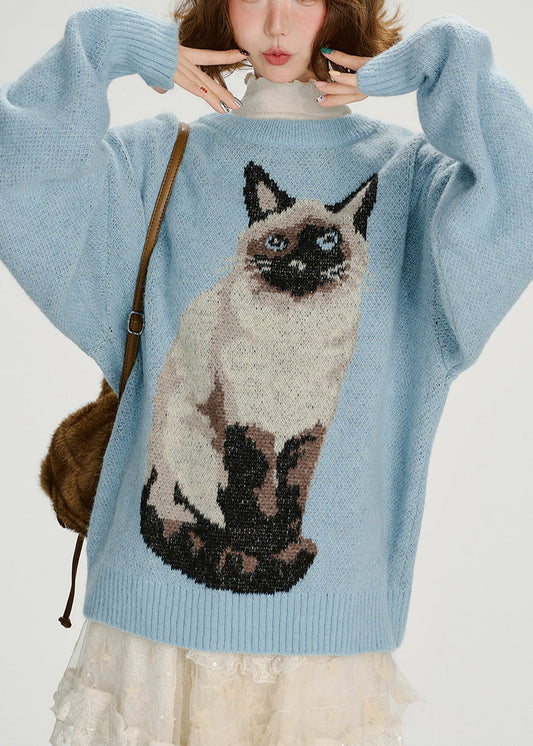 Women's Oversized Knit Sweater Blue Jacquard Dog Motif - OutfitLondon