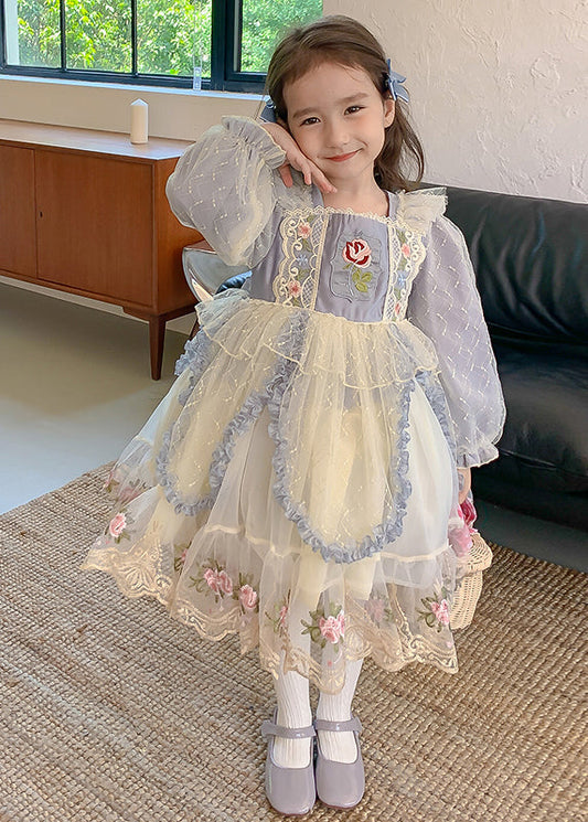 Girls Embroidered Tulle Dress Boho Blue Square Neck - OutfitLondon