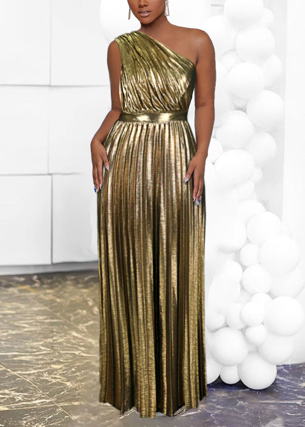 Women's One Shoulder Silk Blend Evening Dress Pleated Waist - OutfitLondon