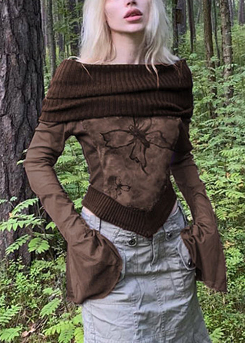 Women's Patchwork Knit T-Shirt Relaxed Fit Flared Sleeves Bohemian - OutfitLondon