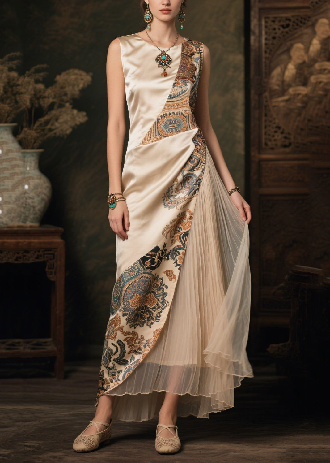 Women's Silk Boho Dress Sleeveless Champagne Patchwork Asymmetric - OutfitLondon
