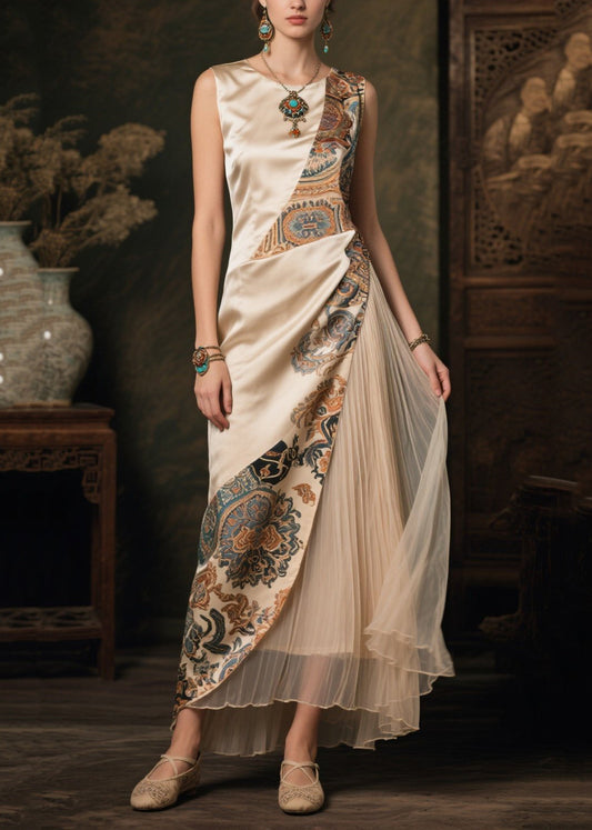 Women's Silk Boho Dress Sleeveless Champagne Patchwork Asymmetric - OutfitLondon