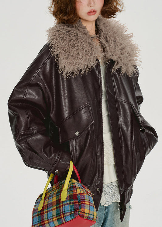 Women's Oversized Faux Leather Jacket Faux Fur Collar Brown - OutfitLondon