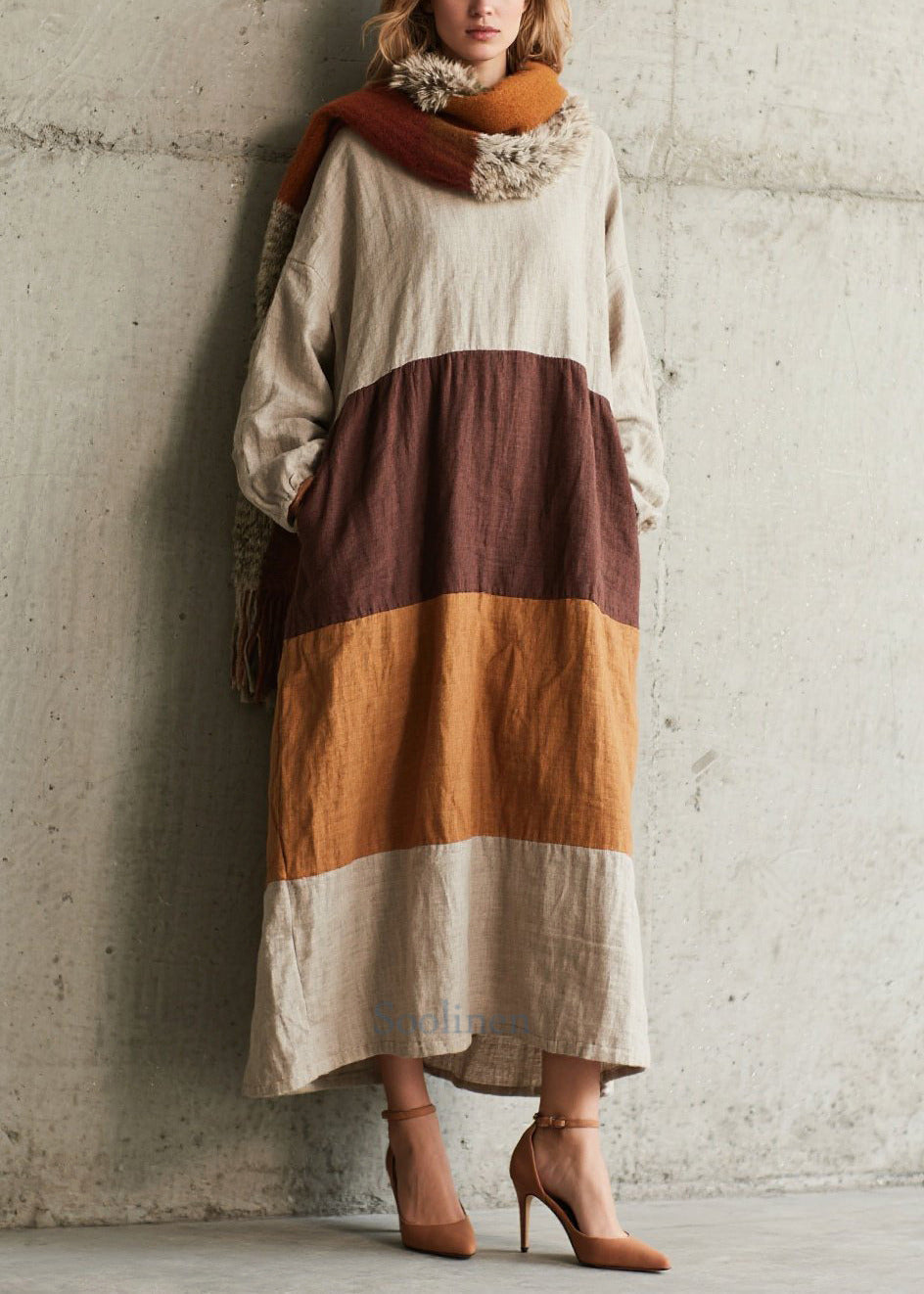 Women's Patchwork Cotton Dress Oversized Colorblock - OutfitLondon