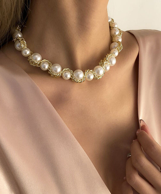 Women's Gold Tone Copper Necklace Graduated Pearl Beads 38cm - OutfitLondon