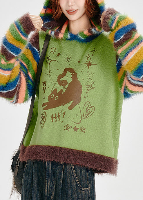 Women's Green Patchwork Hoodie Sweatshirt Cozy Knit - OutfitLondon